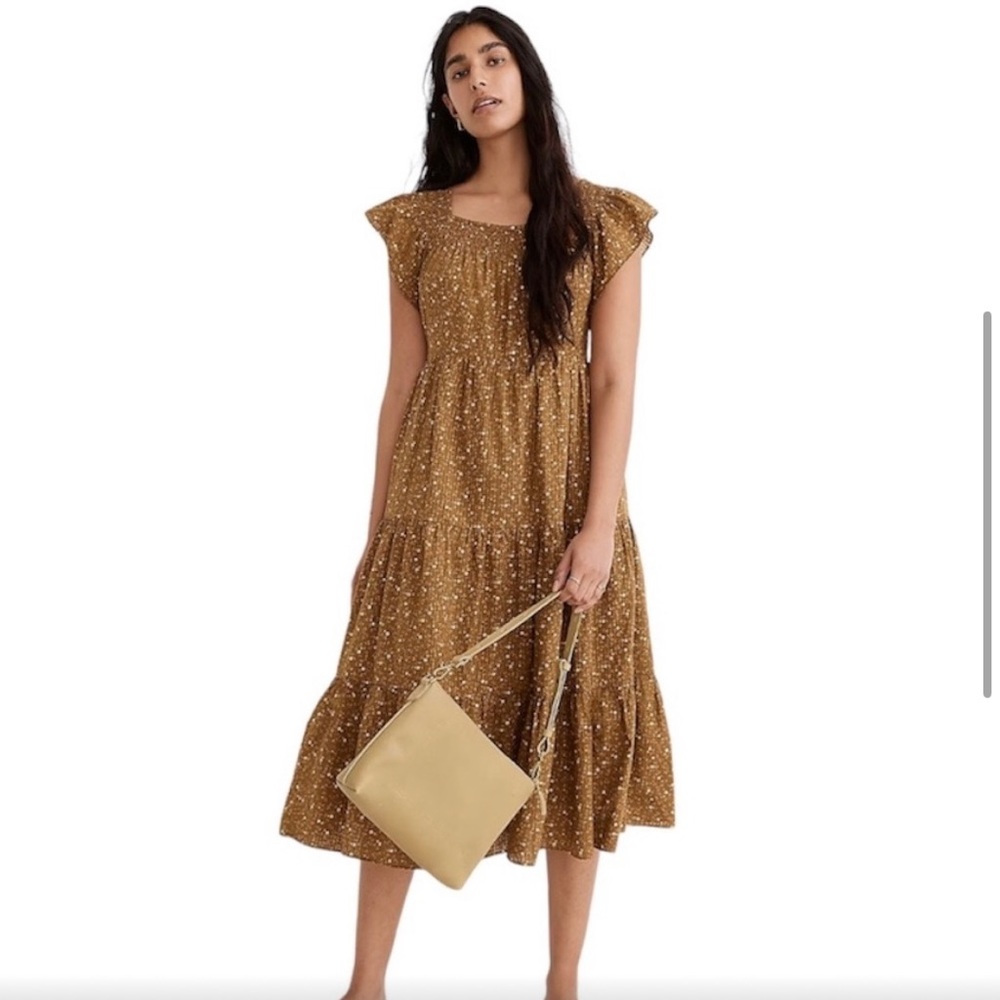 Madewell Daisy Stitch Ruffle Sleeve Tiered Midi Dress in Weathered Olive